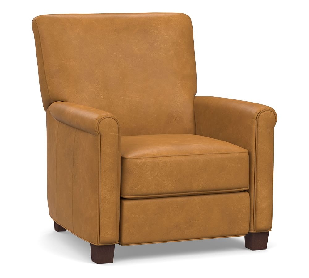Irving Roll Arm Leather Recliner with Bronze Nailheads, Polyester Wrapped Cushions, Vintage Camel - Image 0