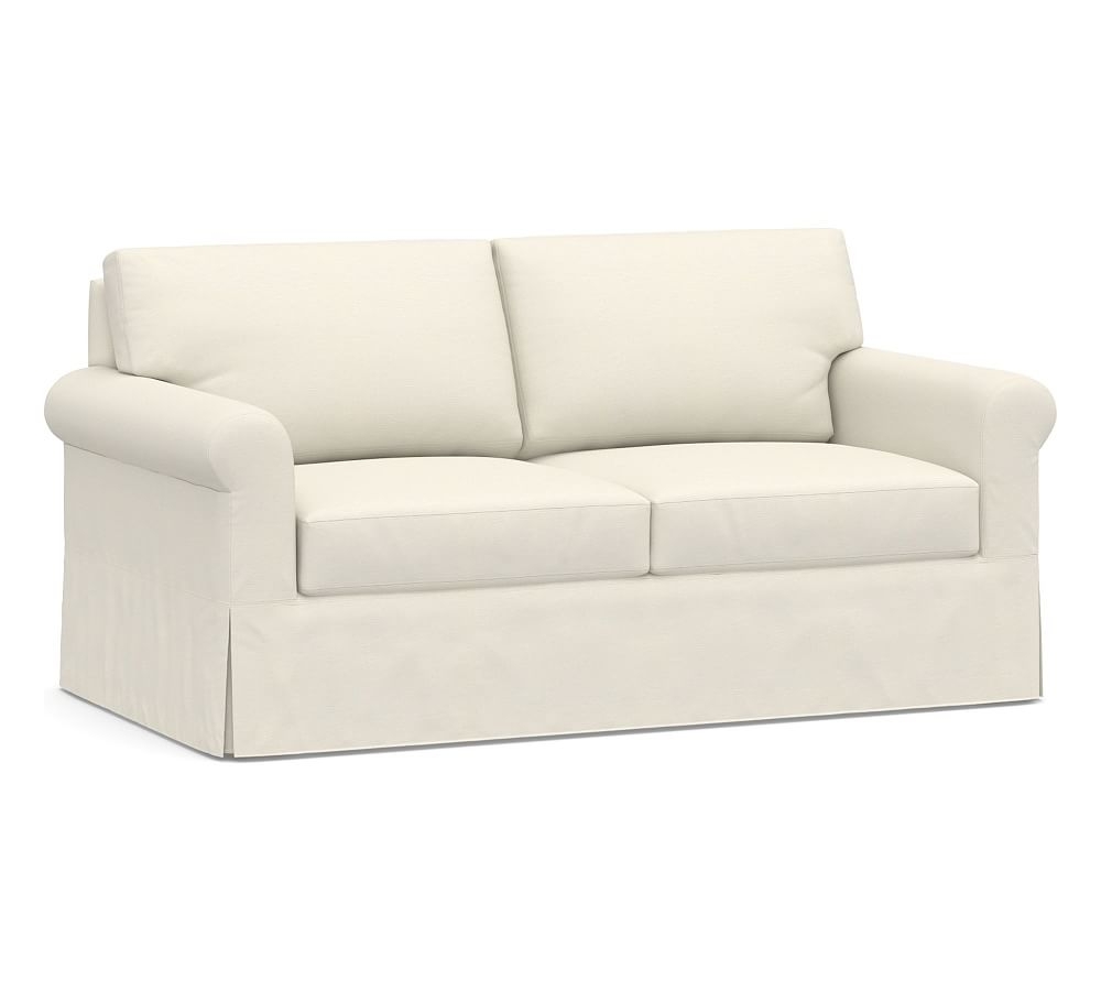 York Roll Arm Slipcovered 72.5" Loveseat, Down Blend Wrapped Cushions, Textured Twill Ivory - Image 0