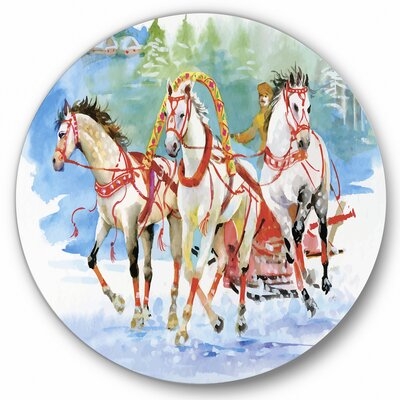 Galoping Horses With Carriage In The Snow - Farmhouse Metal Circle Wall Art - Image 0