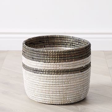 Colorblock Woven Basket Floor Planter, Small, 12.5"D x 13.5"H, White & Black, - Image 0