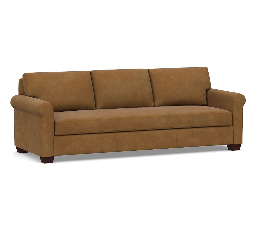 York Roll Arm Leather Grand Sofa 98" with Bench Cushion, Polyester Wrapped Cushions, Nubuck Camel - Image 0