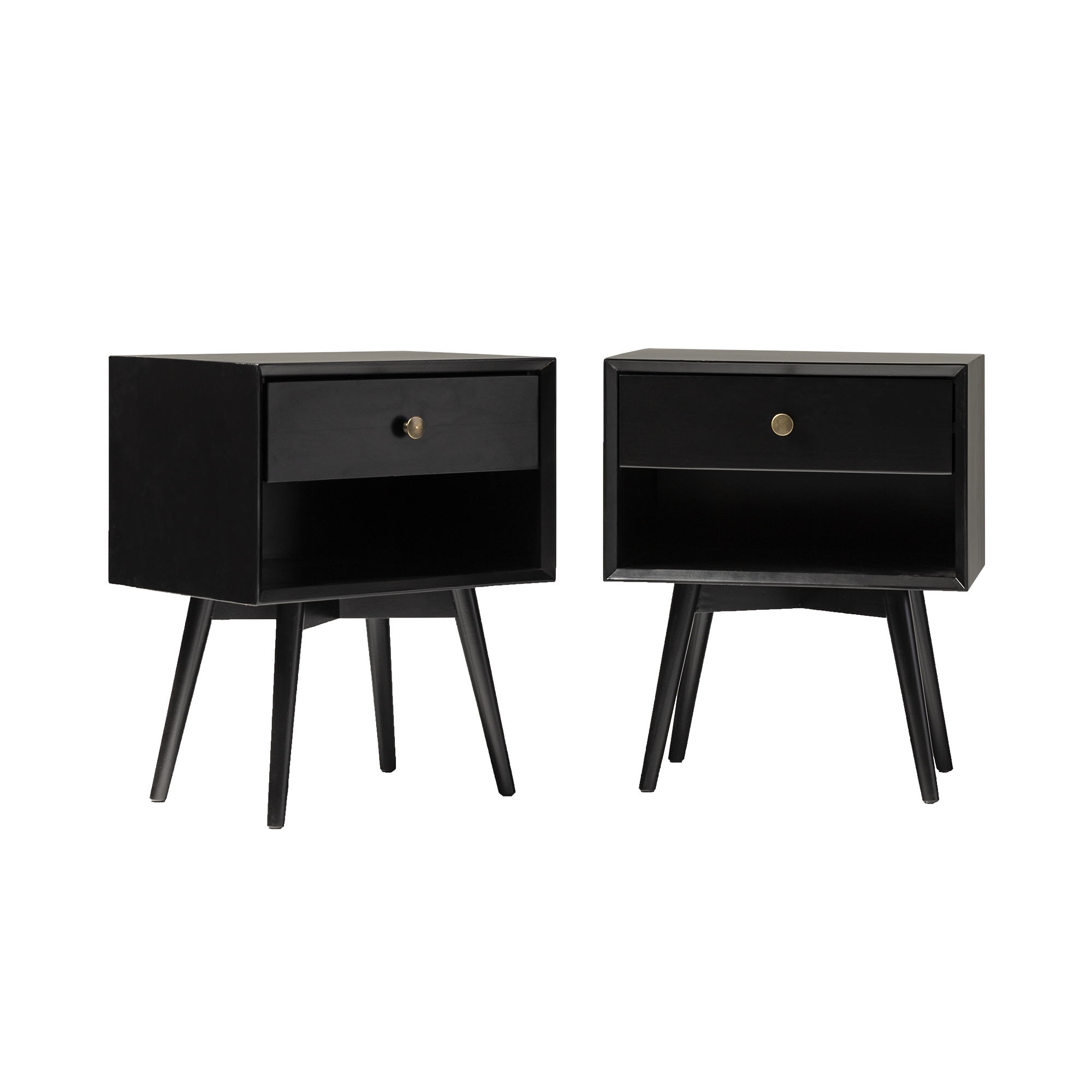 2 Piece 1-Drawer Mid-Century Solid Wood Nightstand - Black - Image 6