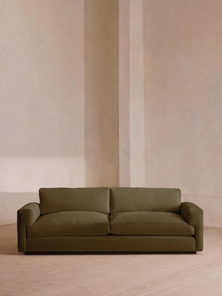Mossley Three Seater Sofa, Velvet, Olive, US - Image 0