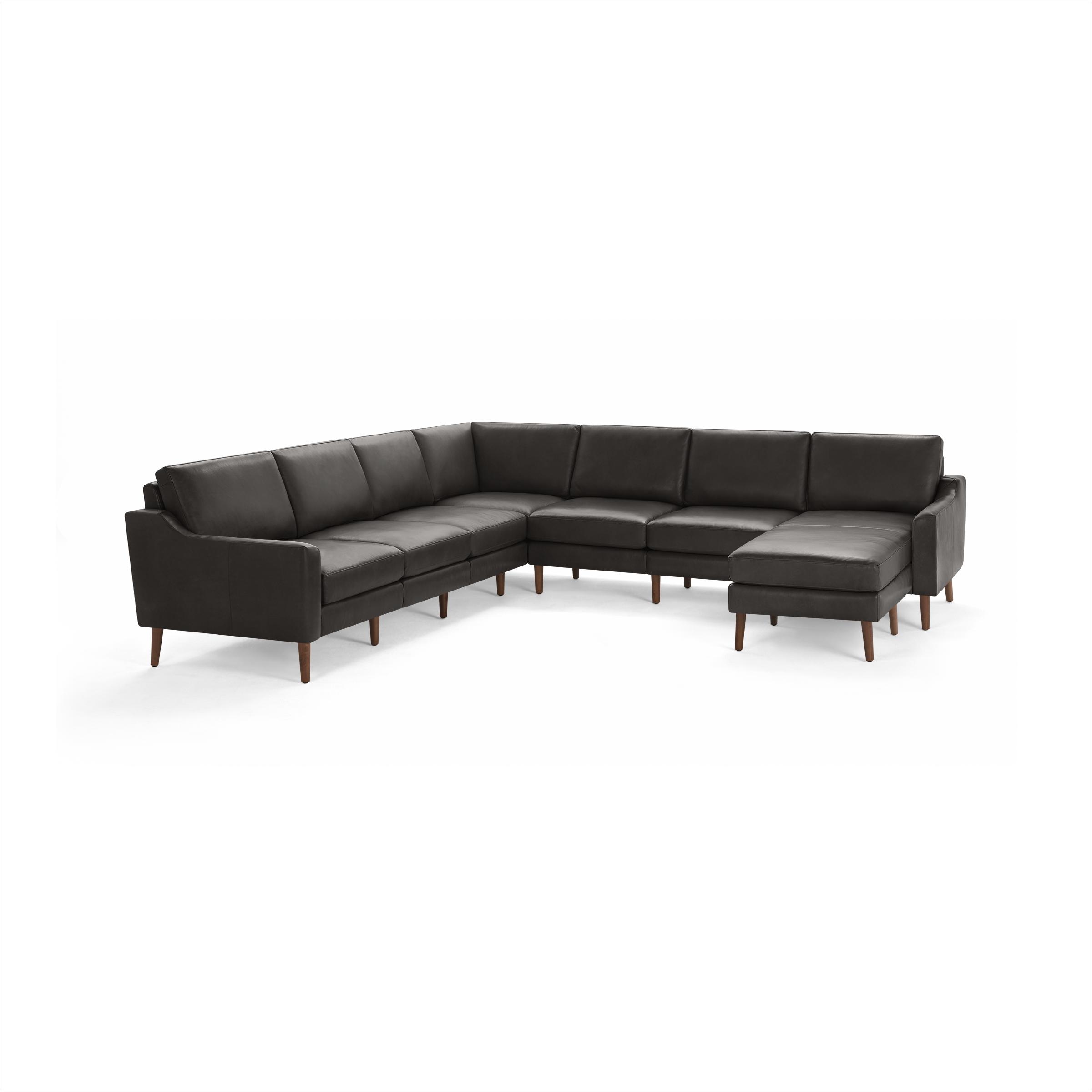 Nomad Leather 7-Seat Corner Sectional with Reversible Chaise - Slate - Top Grain Leather / Walnut - Wood / Slope - Image 0