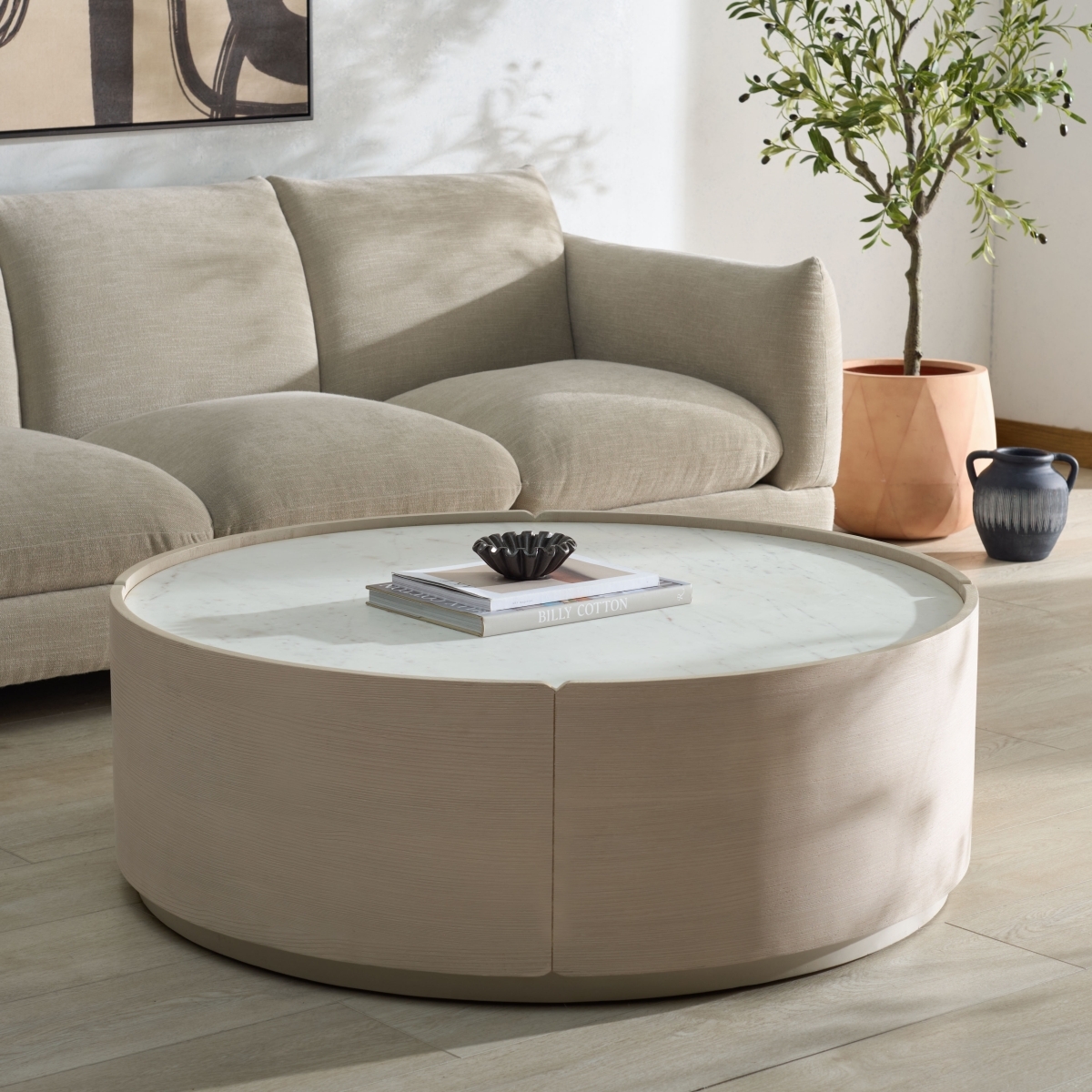 Alanabella Marble Round Coffee Table - Sand / White - Image 1