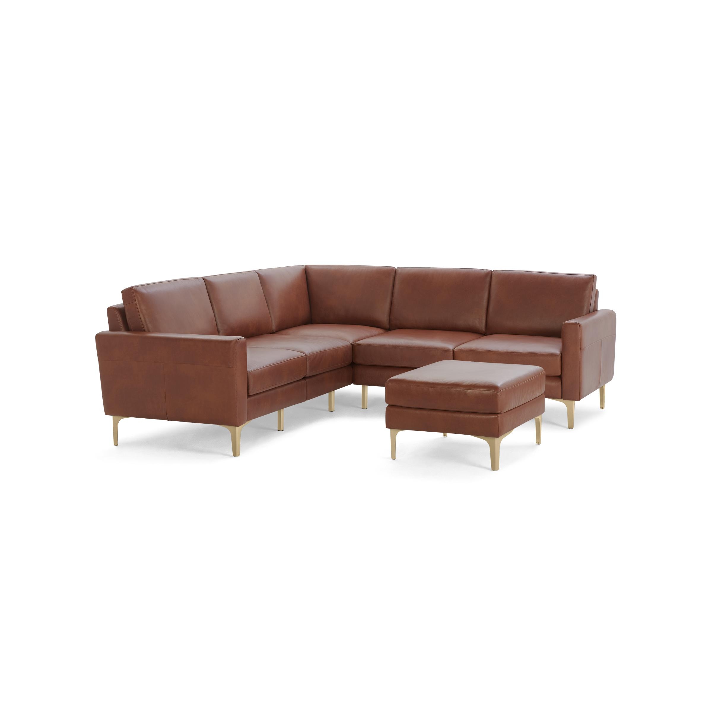 Nomad Leather 5-Seat Corner Sectional with Ottoman - Chestnut - Top Grain Leather / Brass - Metal / Block - Image 0