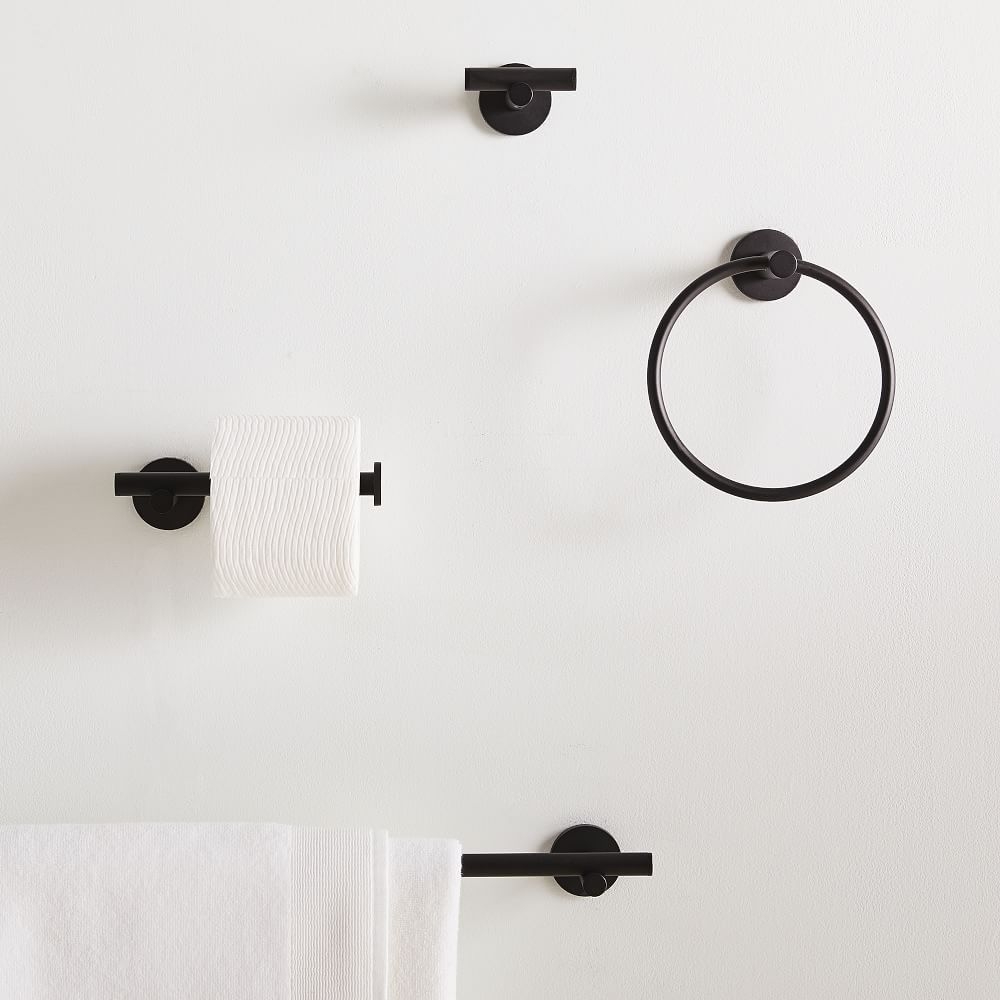 Modern Overhang Bath Hardware, Set Of 4, Matte Black, 24" Towel Bar, Hook, Towel Ring, Tissue Holder - Image 1