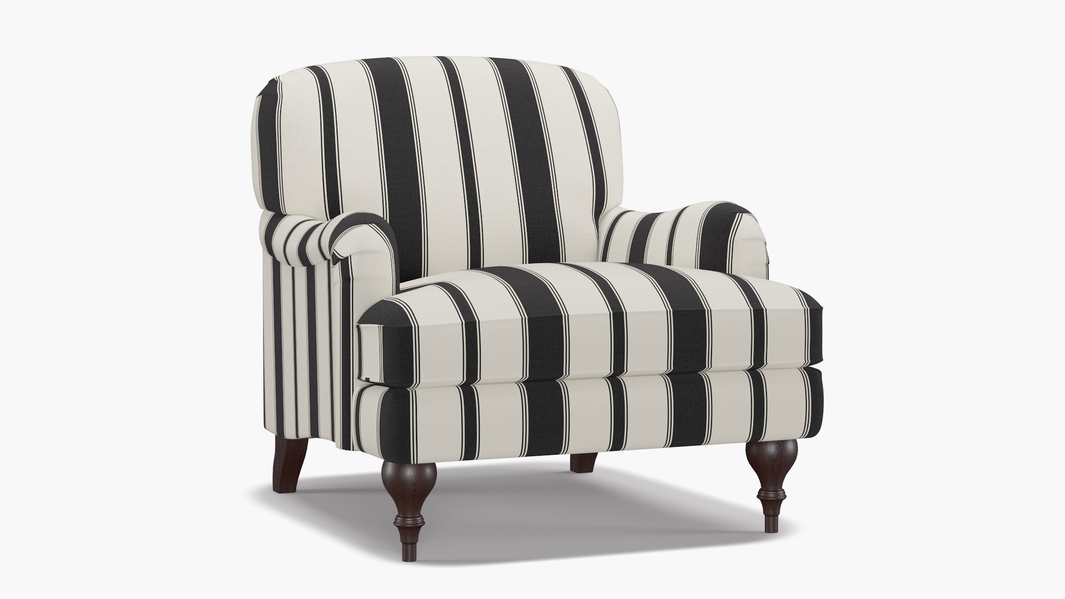 English Roll Arm Chair, Ink Clarence Stripe, Espresso Turned Wood Leg - Image 1