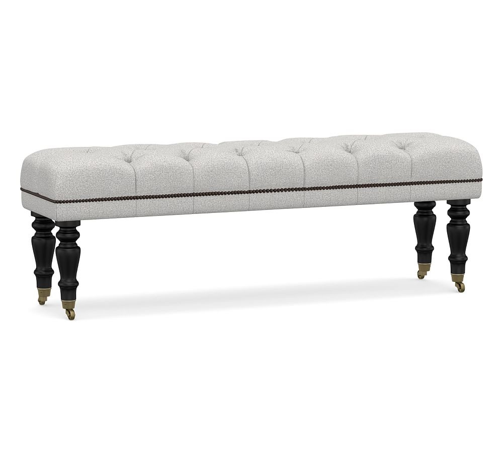 Raleigh Upholstered Tufted Queen Bench with Black Legs & Bronze Nailheads, Park Weave Ash - Image 0