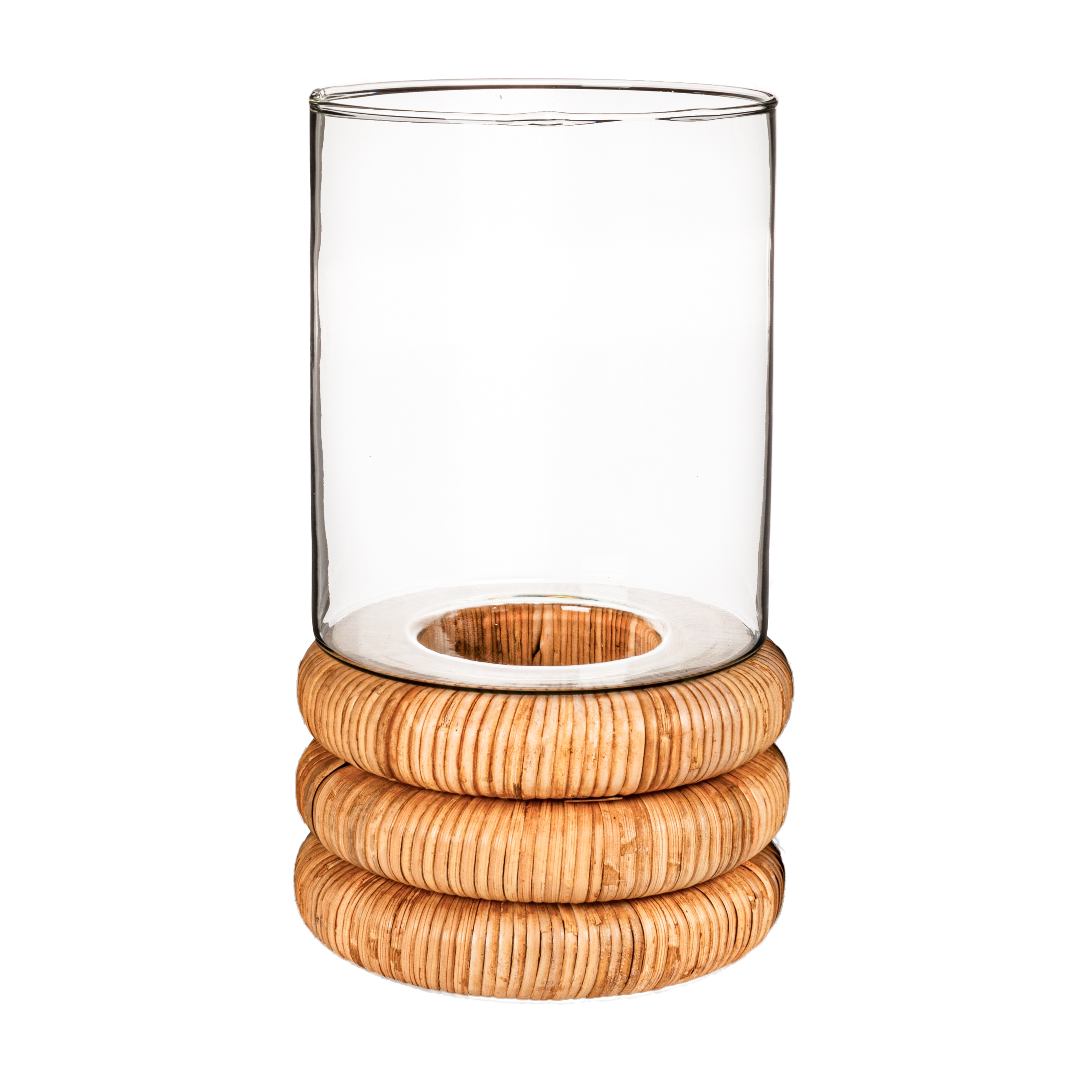 Glass Hurricane Vase with Woven Rattan Base, Tall - Image 0