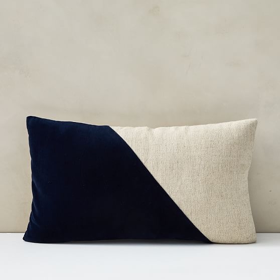 Cotton Linen + Velvet Lumbar Pillow Cover with Down Insert, Midnight, 12"x21" - Image 0