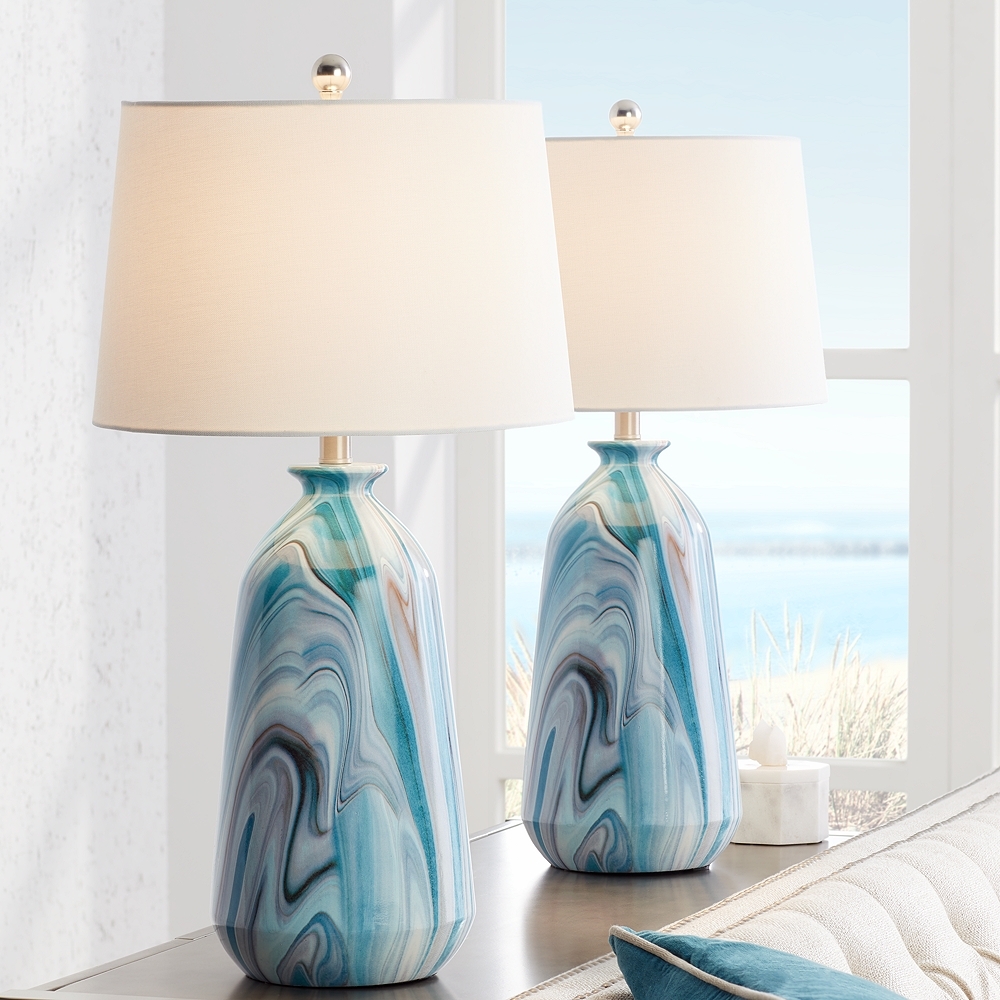360 Lighting Carlton 28" Swirling Blue Faux Marble Lamps Set of 2 - Image 0