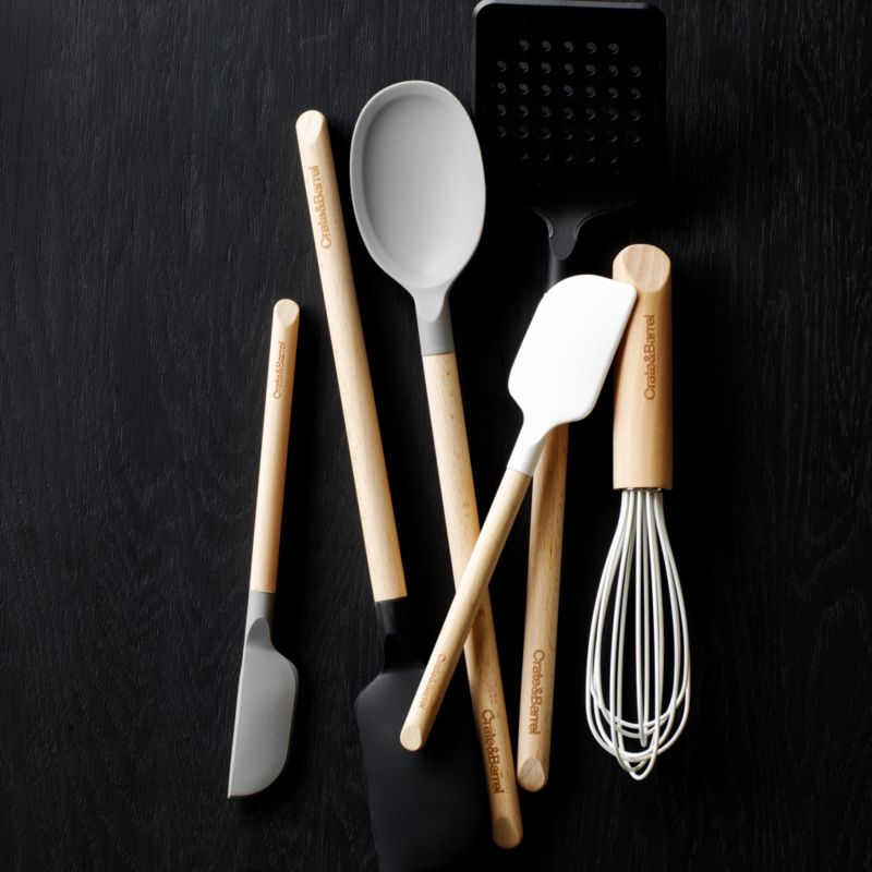 Crate & Barrel Black Silicone and Wood Slotted Spoon - Image 1