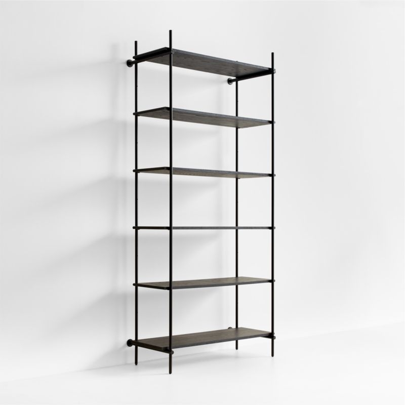 Petra Black Oak Wood and Metal Wide Wall-Mounted Bookcase - Image 1
