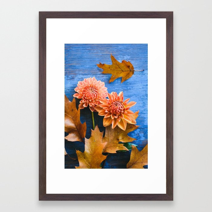 Oak Leaves And Dahlia Flowers Framed Art Print by Olivia Joy St Claire X  Modern Photograp - Conservation Walnut - Small 13" x 19"-15x21 - Image 0