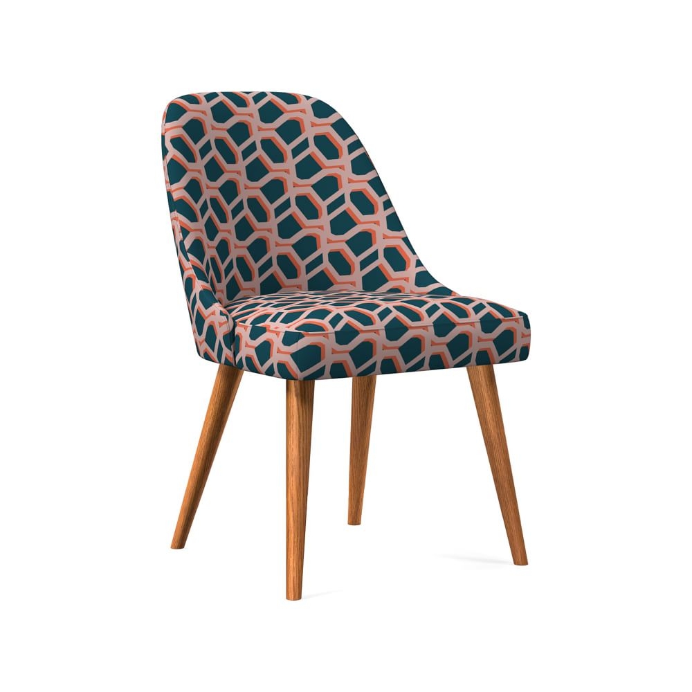 Mid-Century Upholstered Dining Chair, Pink Stone, Modern Caning, Pecan - Image 0