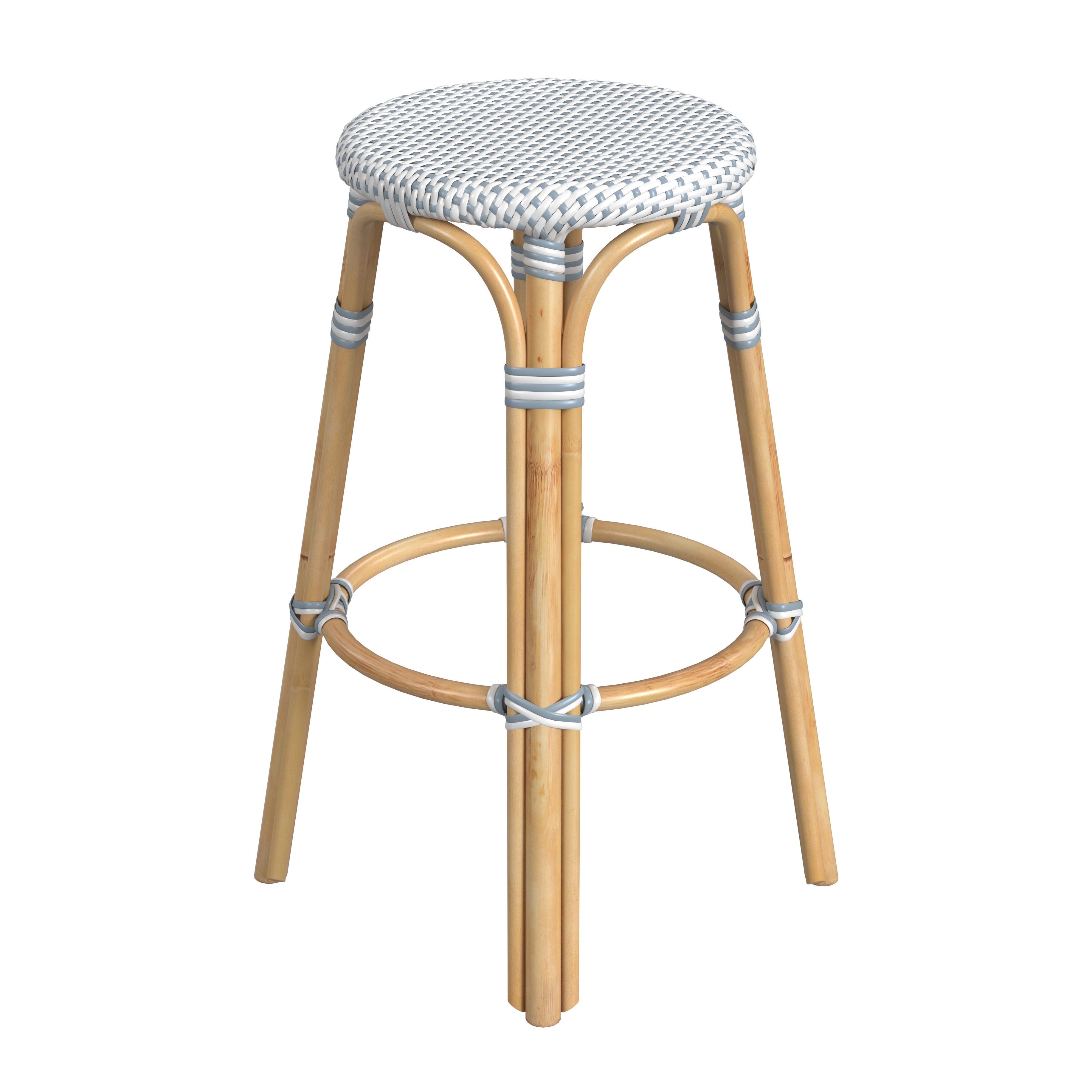 Tobias White/Sky Blue Dot / Natural Rattan Frame Bar Stool - Image 1