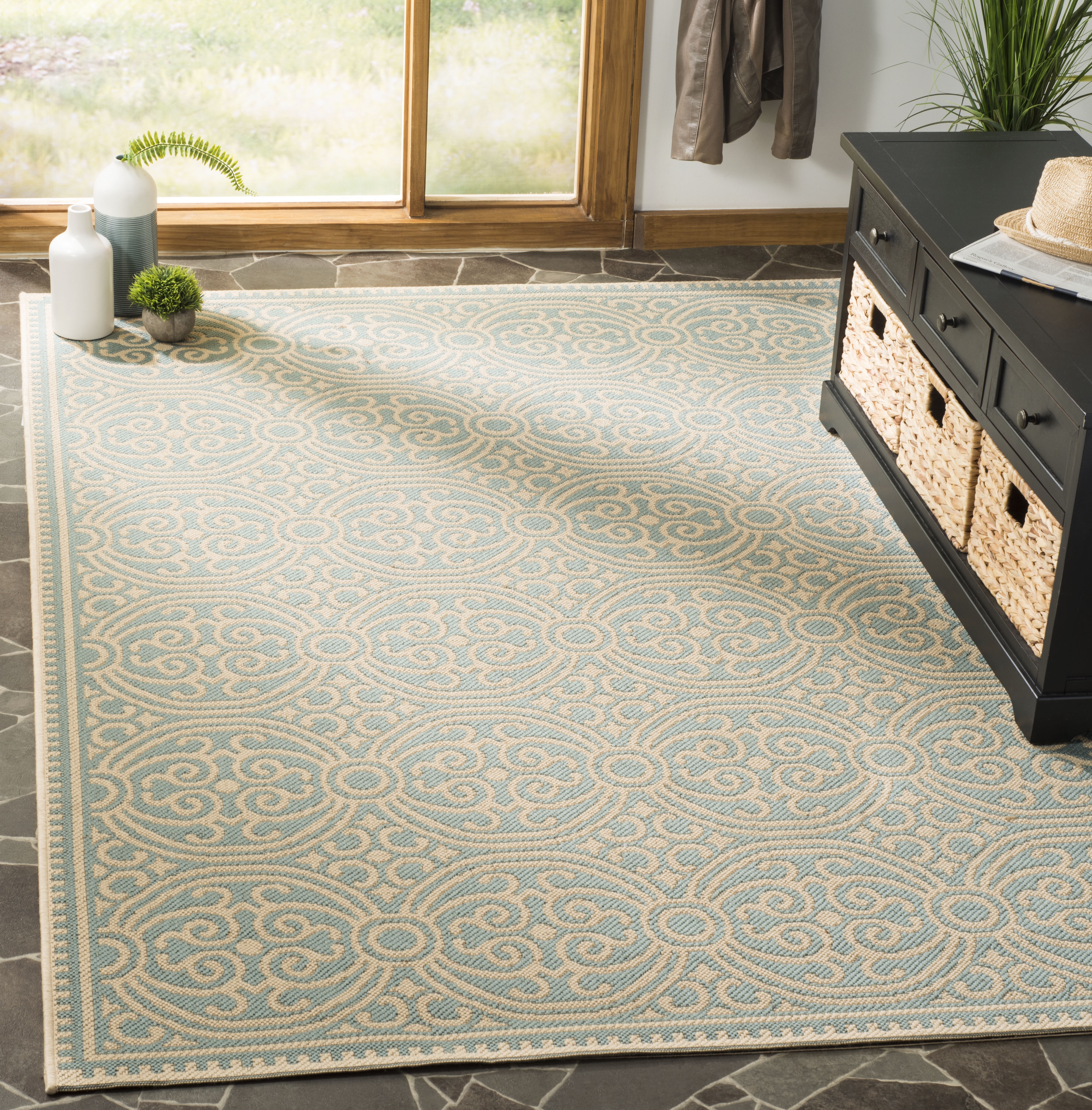 Arlo Home Indoor/Outdoor Woven Area Rug, LND134L, Cream/Aqua,  5' 1" X 7' 6" - Image 1