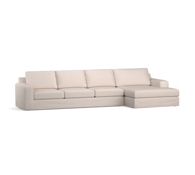 Big Sur Square Arm Slipcovered Left Arm Loveseat with Wide Chaise Sectional and Bench Cushion, Down Blend Wrapped Cushions, Performance Heathered Basketweave Dove - Image 4