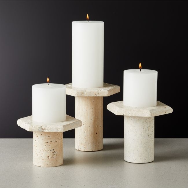 Roca Travertine Pillar Candle Stands, Set of 3 - Image 1