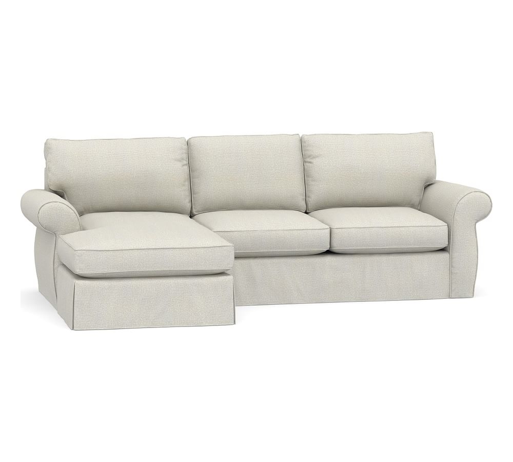 Pearce Roll Arm Slipcovered Right Arm Loveseat with Chaise Sectional, Down Blend Wrapped Cushions, Performance Heathered Basketweave Dove - Image 0