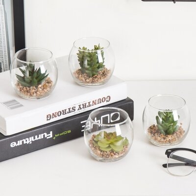 4-Piece Faux Succulent Desktop Plant In Glass Vase Set - Image 0