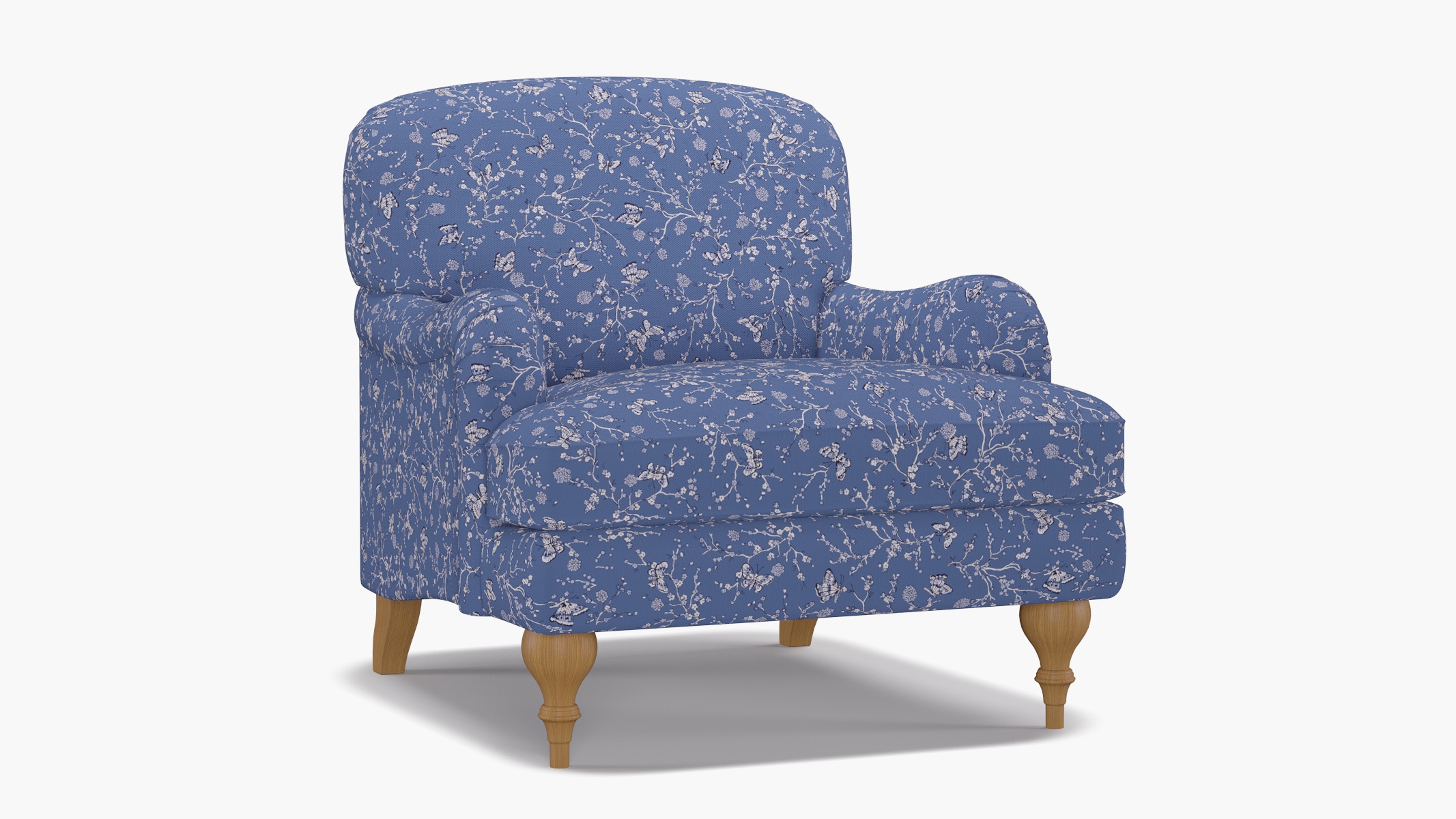 English Roll Arm Chair, Blue Mariposa, Natural Turned Wood Leg - Image 1
