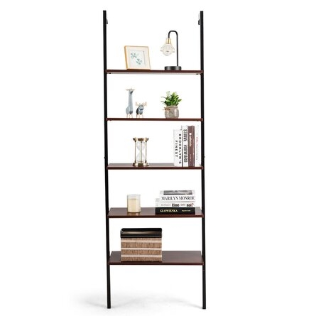 5-tier Ladder Shelf Wood Wall Mounted Bookshelf, Metal Frame Display Shelf - Image 1