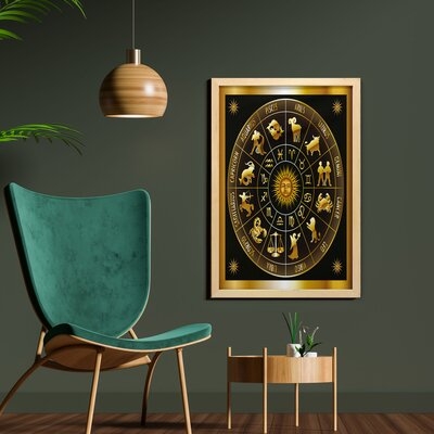 Wheel Zodiac Constellation Signs in Circle Sun Moon - Picture Frame Graphic Art Print on Fabric - Image 0