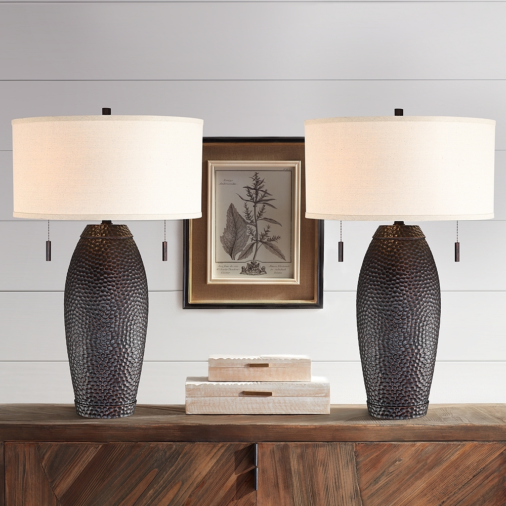 Noah Rustic Vase Hammered Bronze Pull Chain Lamps Set of 2 - Image 0