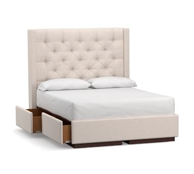 Harper Tufted Upholstered Tall Headboard with Footboard Storage Platform Bed &amp; Pewter Nailheads, California King, Twill Cream - Image 1