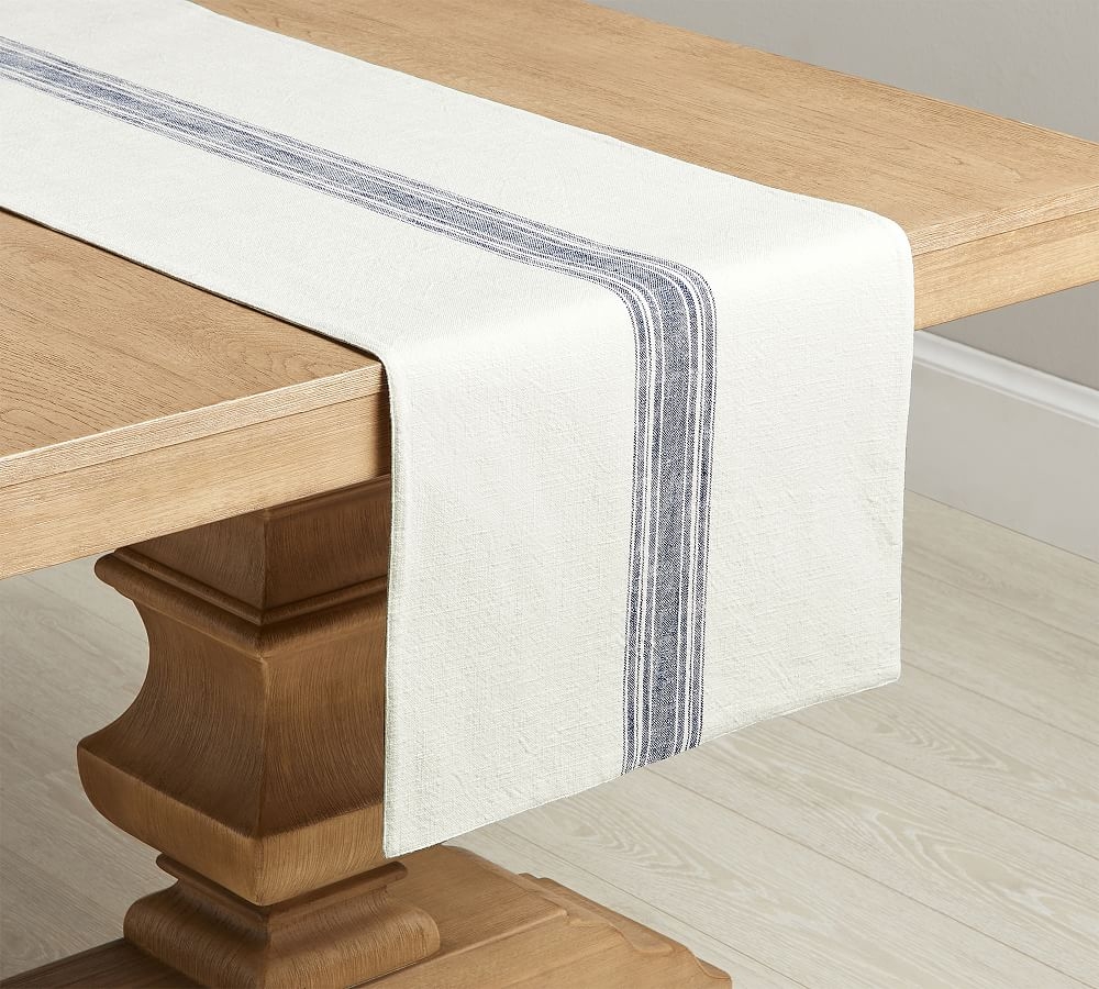 French Striped Organic Cotton Grain Sack Table Runner - Blue/Flax - Image 0