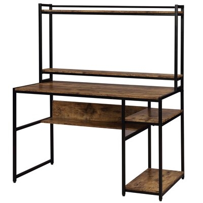 Home Office Computer Desk With 2-Tier Bookshelf And Open Storage Shelf/Equipped With Removable Monitor Riser(Brown) - Image 0