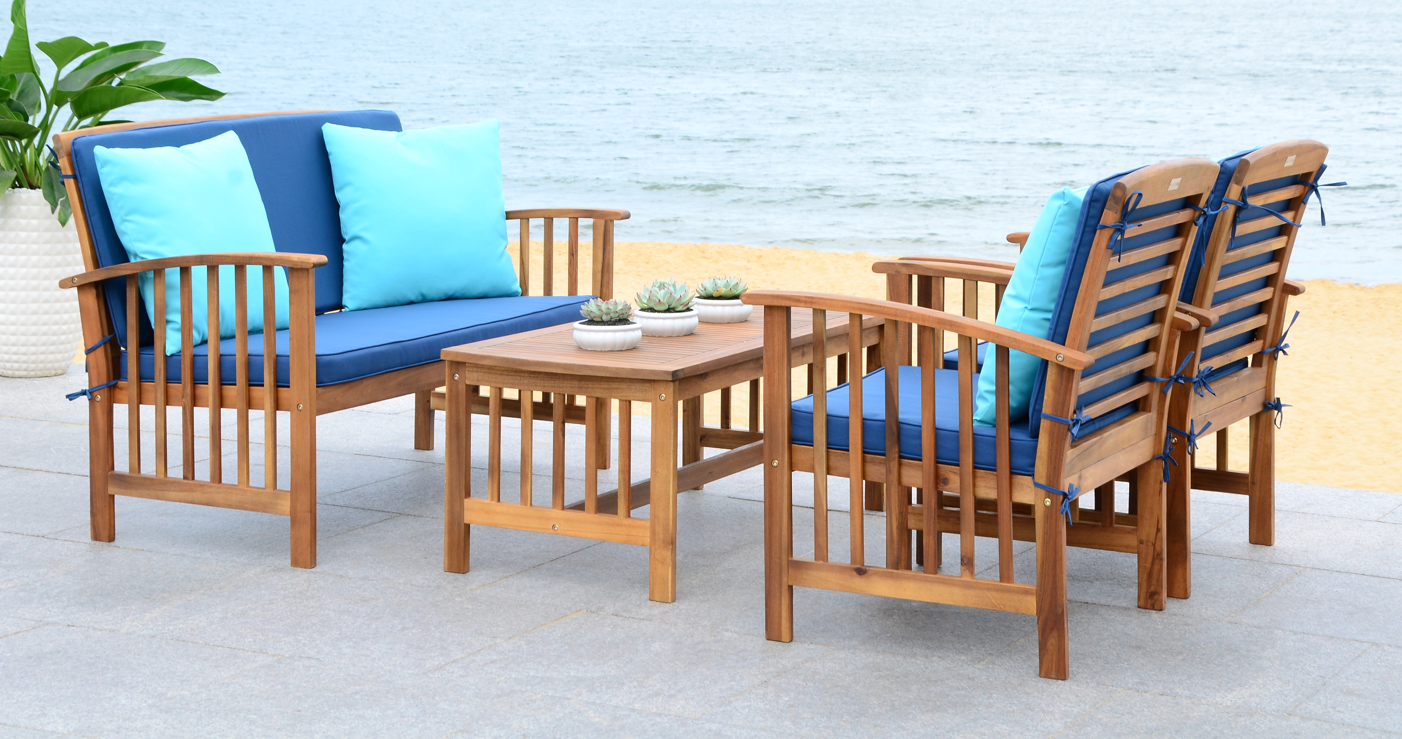 Rocklin 4 Piece Outdoor Set - Natural Look/Navy - Safavieh - Image 4