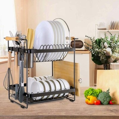 Dish Drying Rack With Water Tray, 304 Stainless Steel 2-Tier Dish Drainer With Portable Dish Rack, Tableware Rack Dish Drainer For Kitchen Utensils (Black) - Image 0