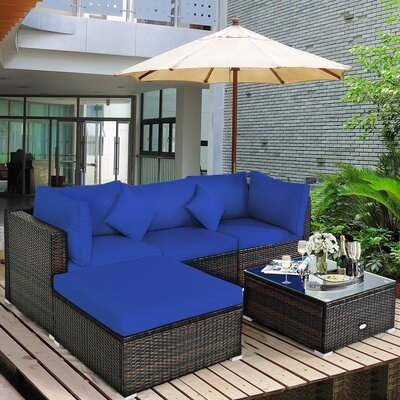 Latitude Run® 5pcs Rattan Patio Conversation Set Outdoor Furniture Set W/ Ottoman Turquoise Cushion - Image 0
