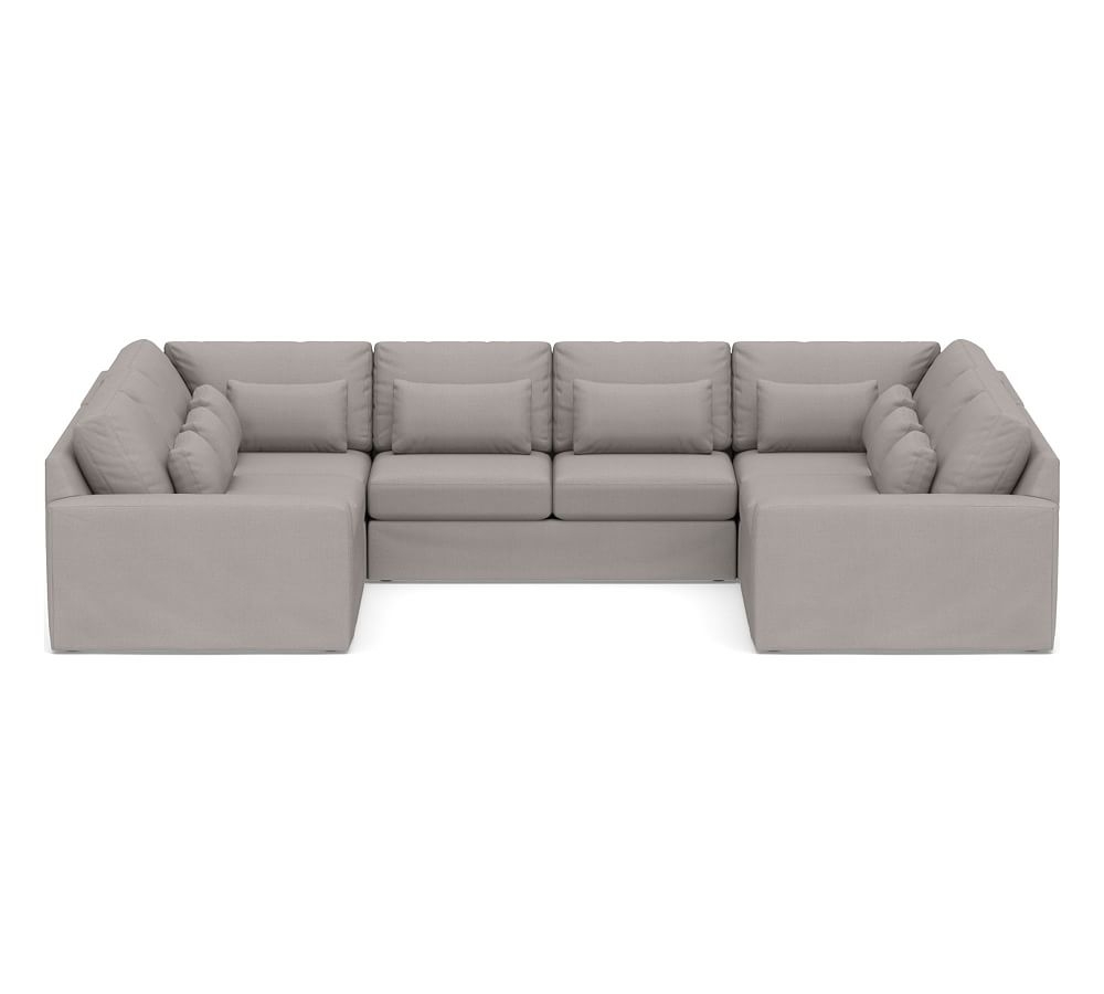 Big Sur Square Arm Slipcovered Deep Seat U-Loveseat Sectional, Down Blend Wrapped Cushions, Belgian Linen Light Gray - Image 0