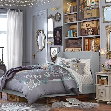 Wren Wingback Upholstered Bed, Full, Lustre Velvet Linen - Image 1