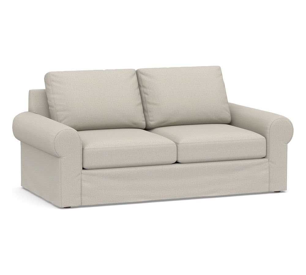 Big Sur Roll Arm Slipcovered Loveseat 77", Down Blend Wrapped Cushions, Performance Heathered Tweed Pebble - Image 0