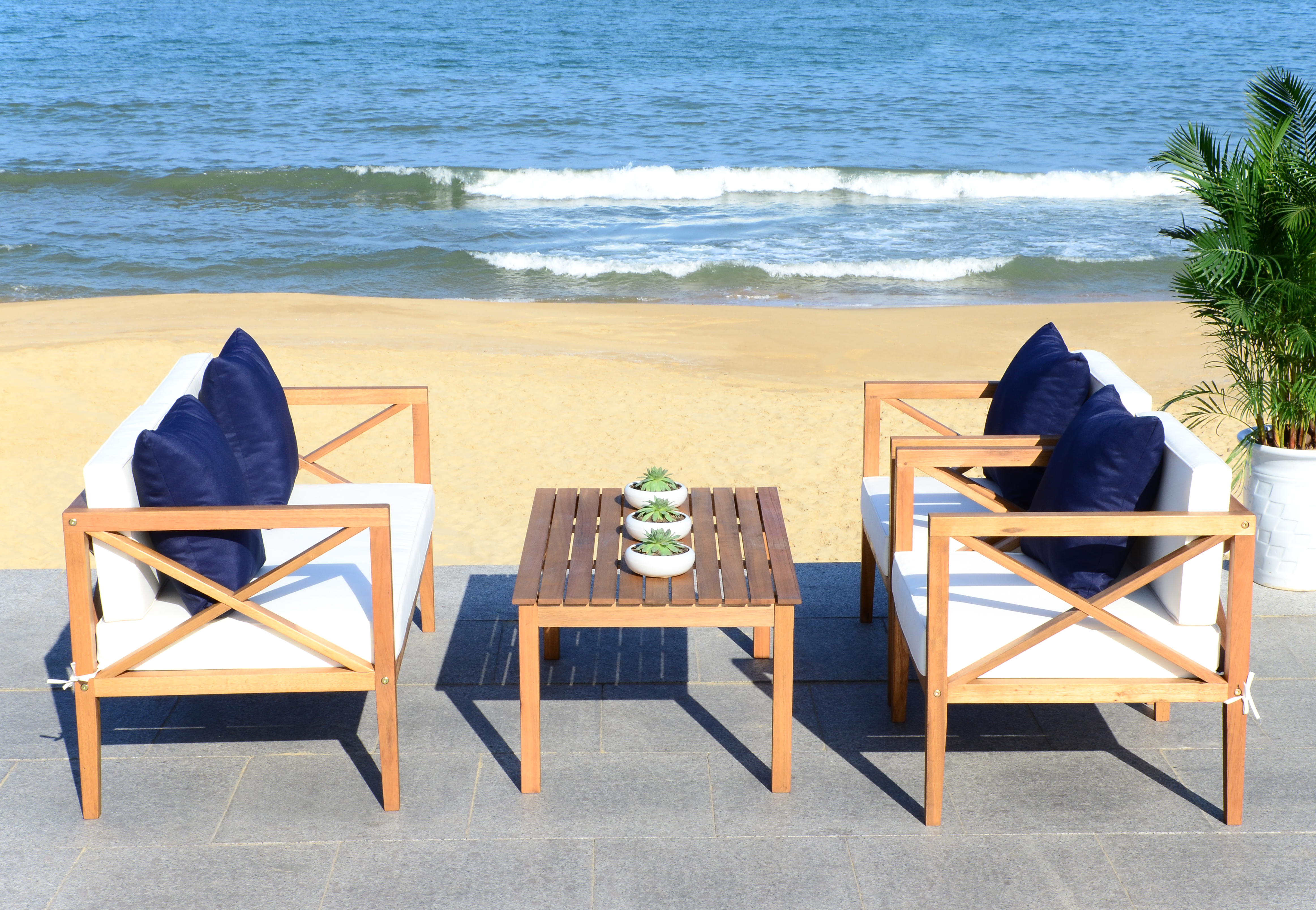 Nunzio 4 Piece Outdoor Set With Accent Pillows - Natural/White/Navy - Safavieh - Image 5