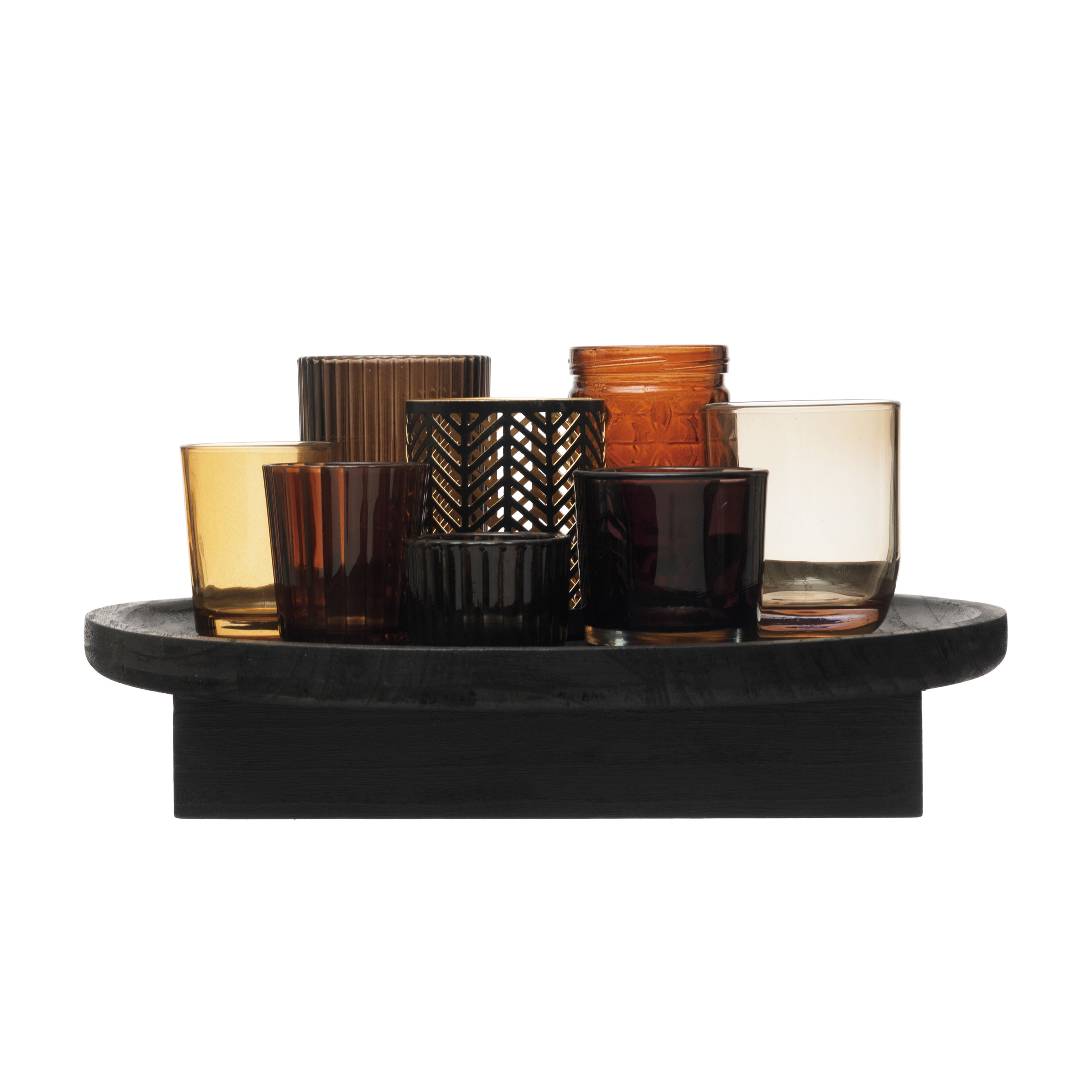  Embossed Glass and Metal Votive Holders with Paulownia Wood Tray, Set of 9, Multicolor - Image 0