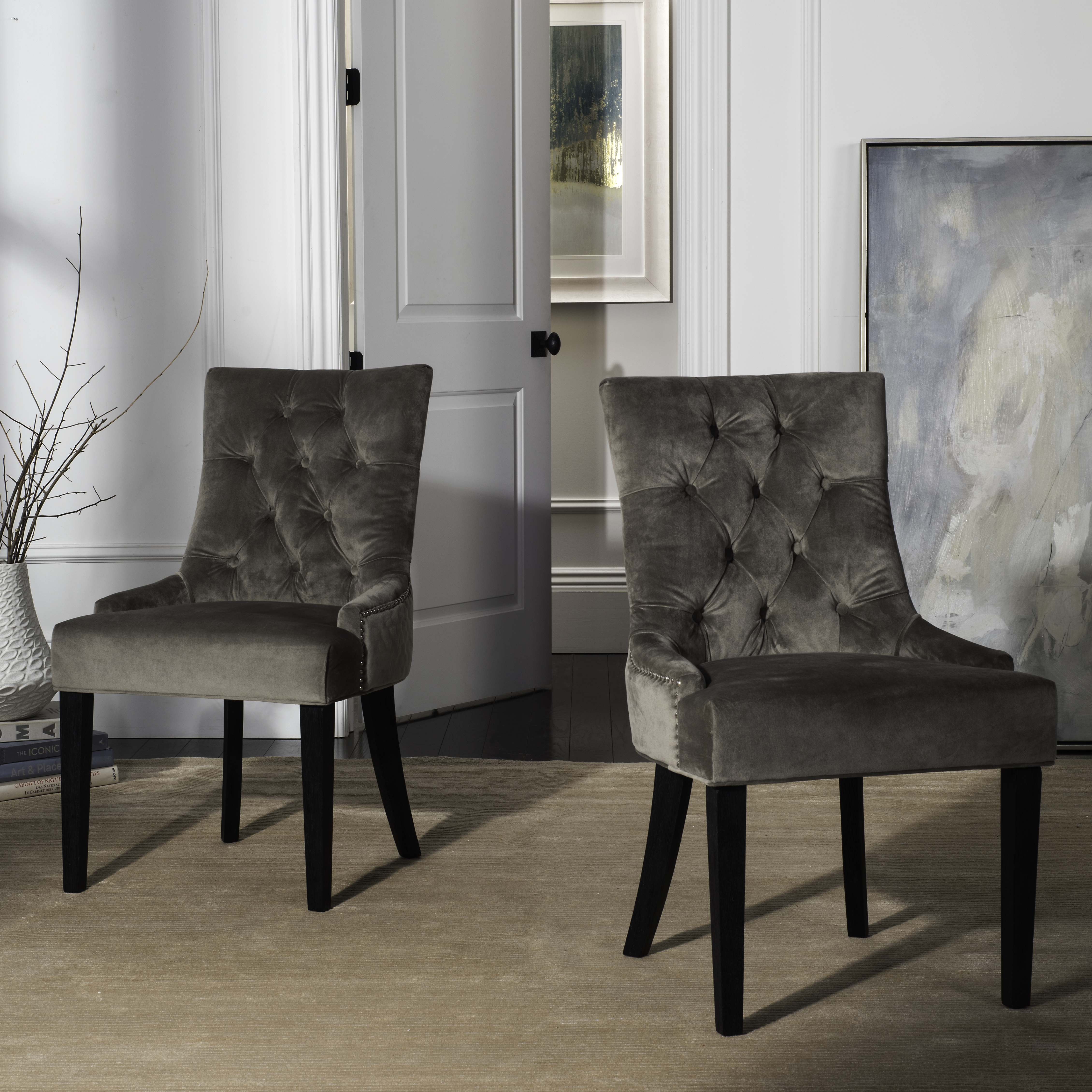 Abby 19''H Tufted Side Chairs (Set Of 2) - Silver Nail Heads - Mole Grey/Espresso - Safavieh - Image 1