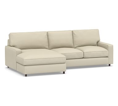 PB Comfort Square Arm Upholstered Right Arm Loveseat with Double Wide Chaise Sectional, Box Edge, Down Blend Wrapped Cushions, Premium Performance Basketweave Oatmeal - Image 0