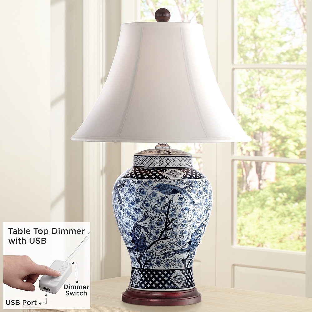Barnes and Ivy Shonna 27" Blue White Porcelain Lamp with USB Dimmer - Image 0