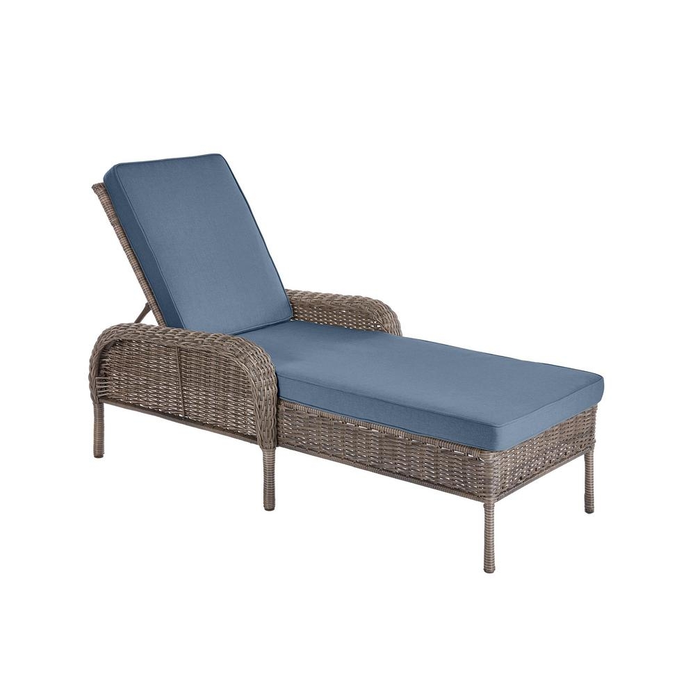 Hampton Bay Cambridge Gray Wicker Outdoor Patio Chaise Lounge with Sunbrella Denim Blue Cushions - Image 0