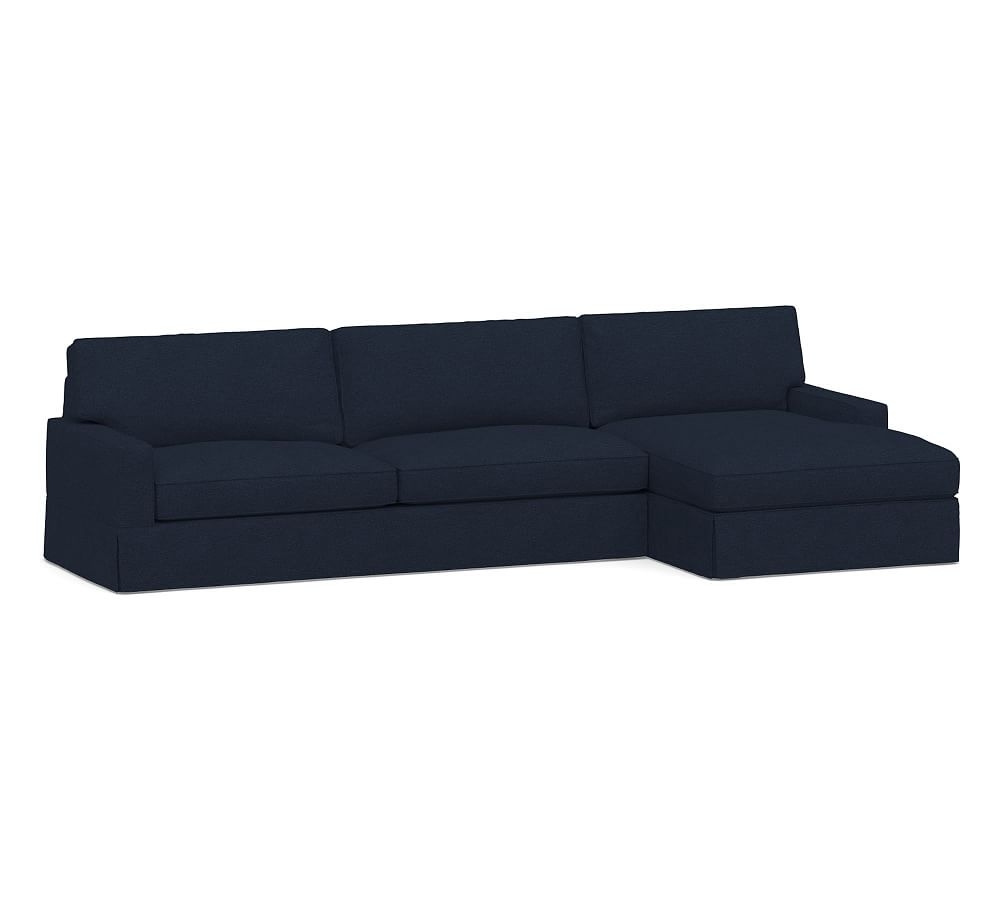 PB Comfort Square Arm Slipcovered Left Arm Sofa with Wide Chaise Sectional, Box Edge, Down Blend Wrapped Cushions, Performance Heathered Basketweave Navy - Image 0
