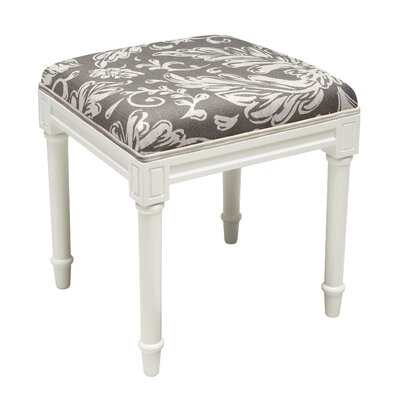 Aqua Tuscan Floral Linen Upholstered Vanity Stool With White Finish And Welting - Image 0