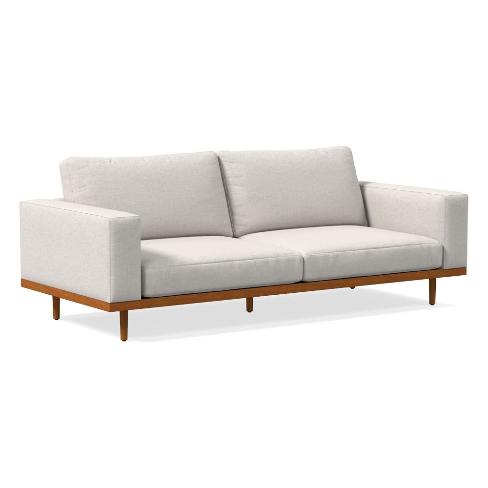 Newport 94" Box Cushion Sofa, Performance Coastal Linen, White, Pecan - Image 0