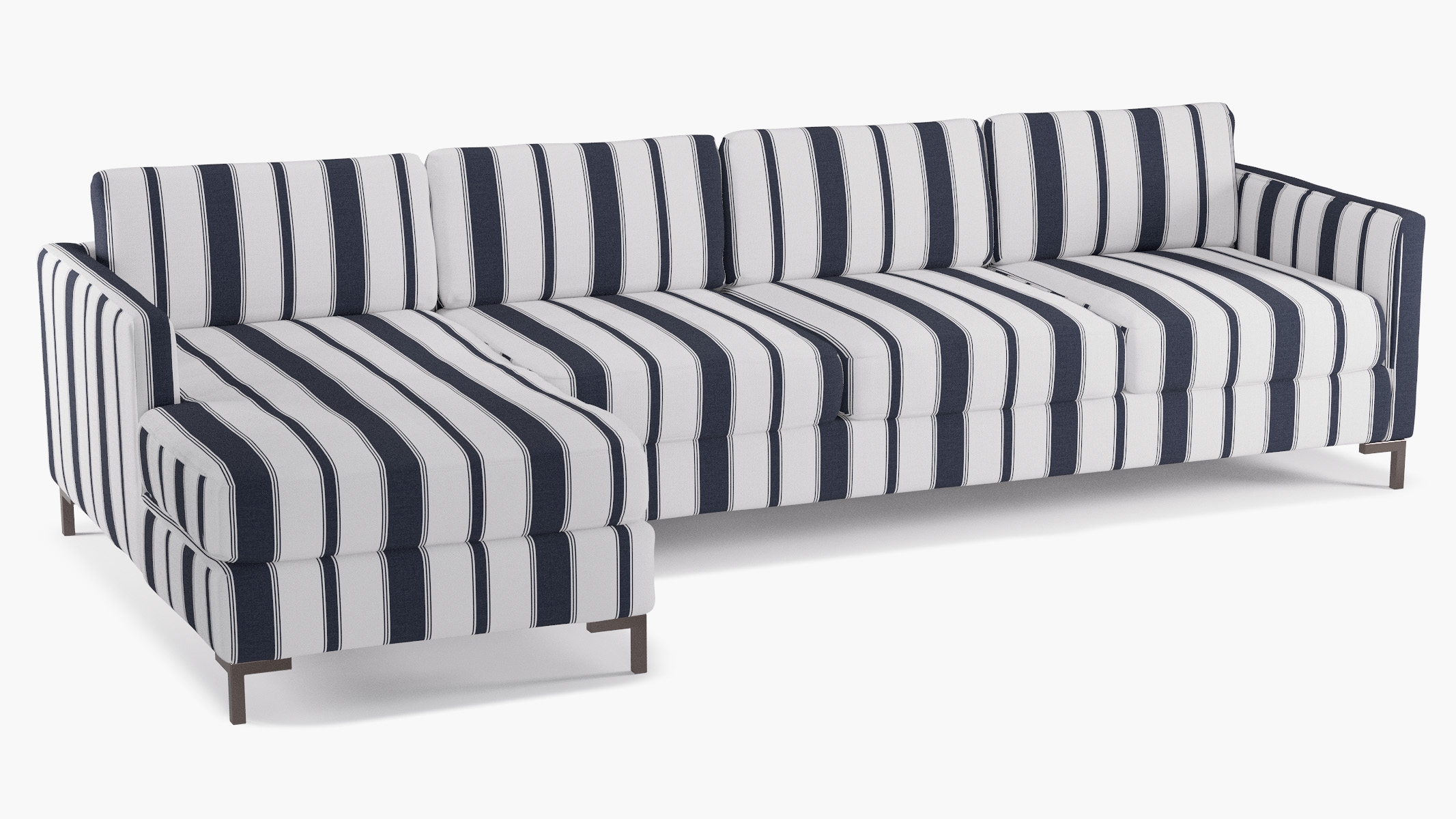 Modern Sectional, Left Facing, Navy Clarence Stripe, Bronze L Leg - Image 1