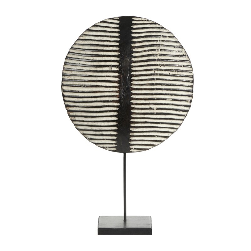 Cole & Grey Small Round Hand-Carved Black & White Striped Wood Tikar Shield On Metal Display Stand - Image 0